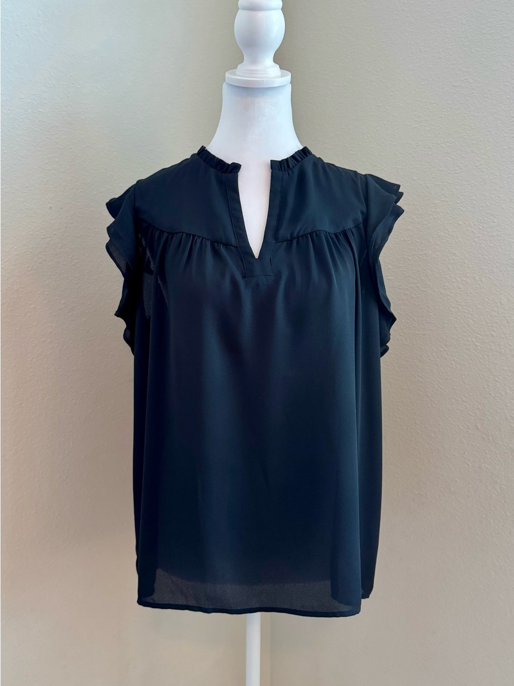 Ann Taylor Black Ruffle Cap-Sleeve Split-Neck Blouse